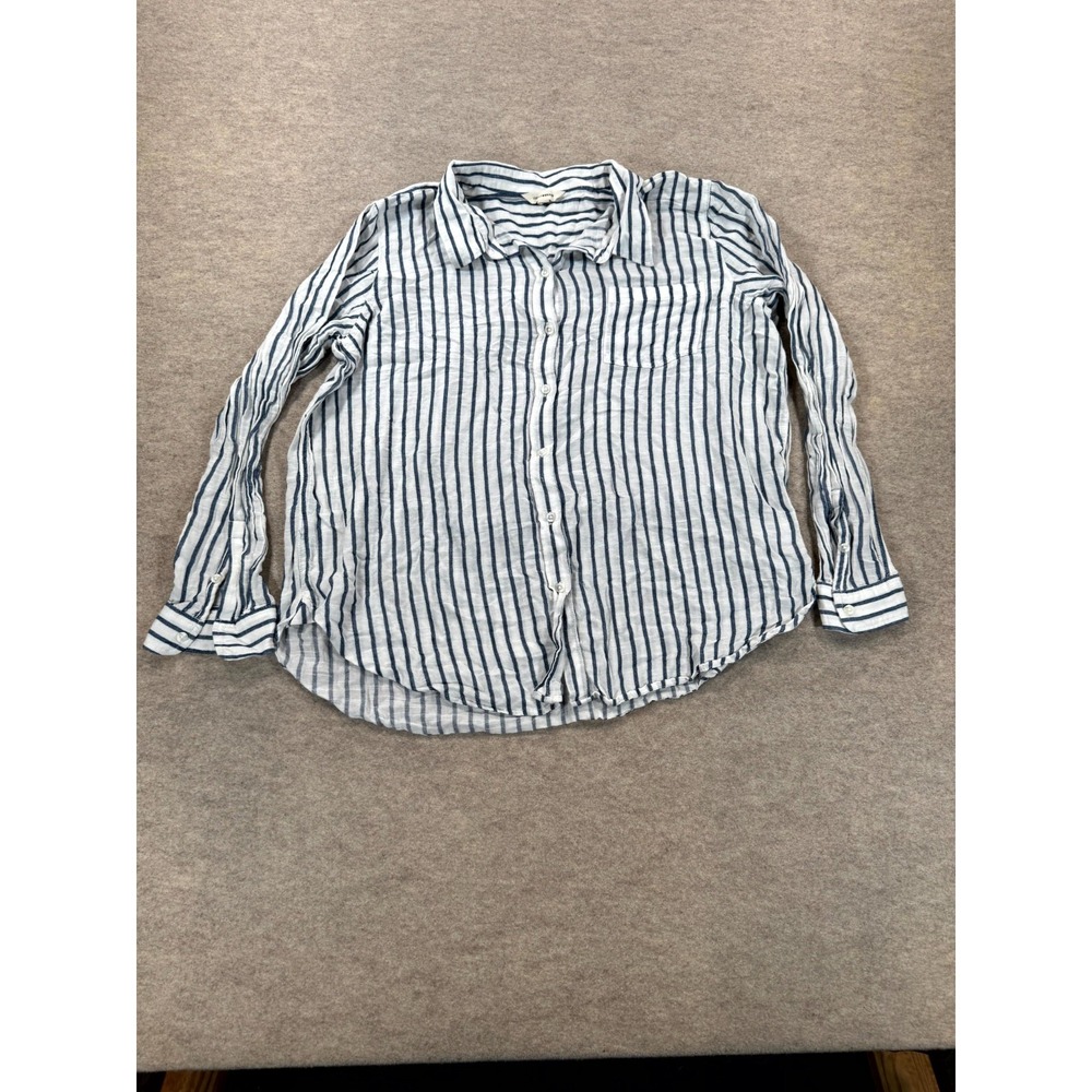 Lucky Brand Womens XL White Blue Striped Cotton Button Up Shirt 7WP4460